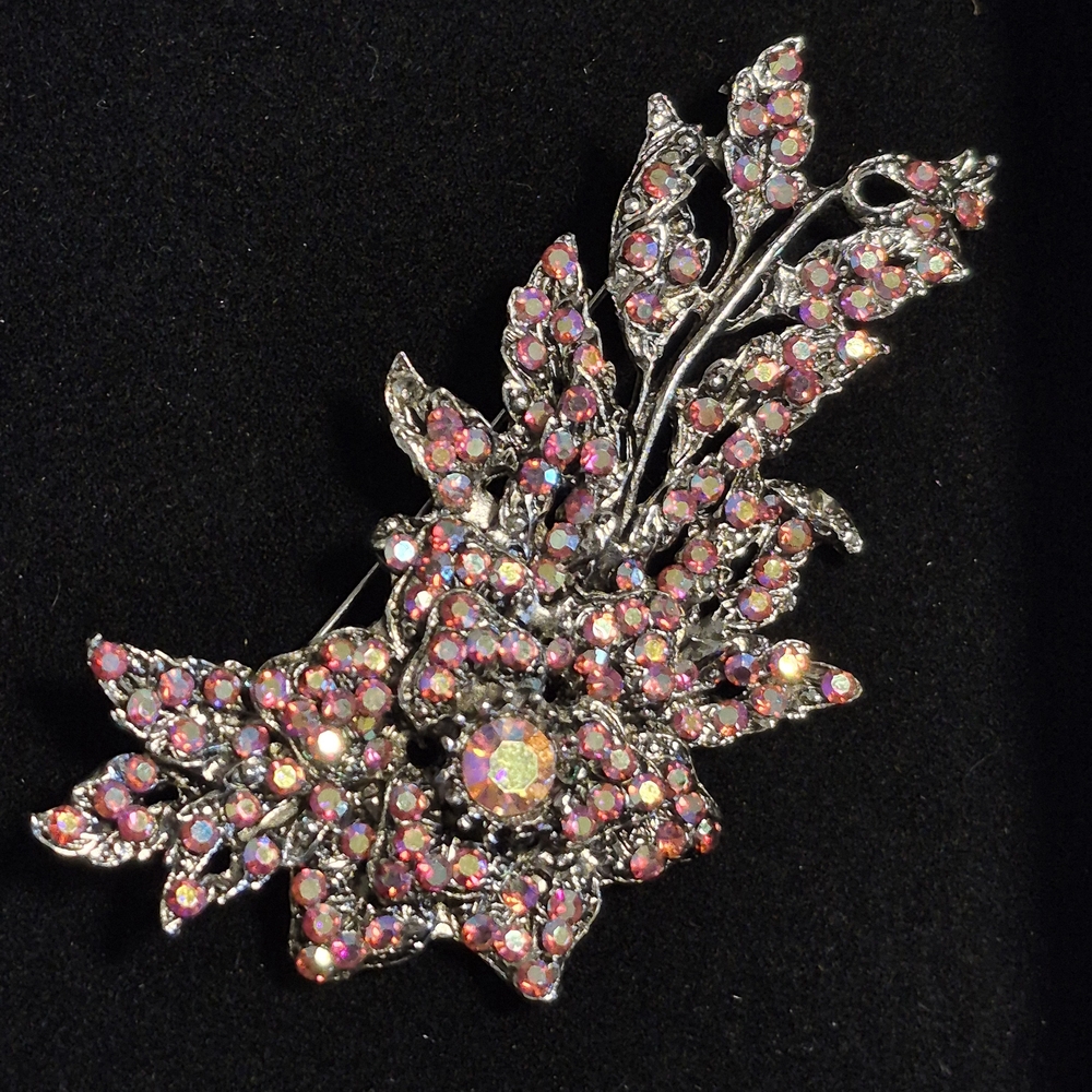 Vintage Thelma Deutsch Dazzling Silver-tone & Pink AB Crystal Floral Brooch